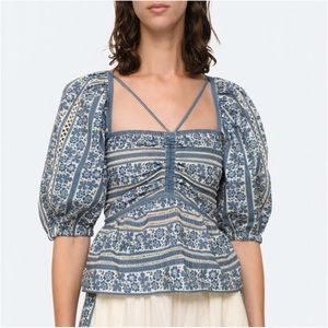 Sea New York Arlo Top size M Medium NWT blue cream lace cotton tie